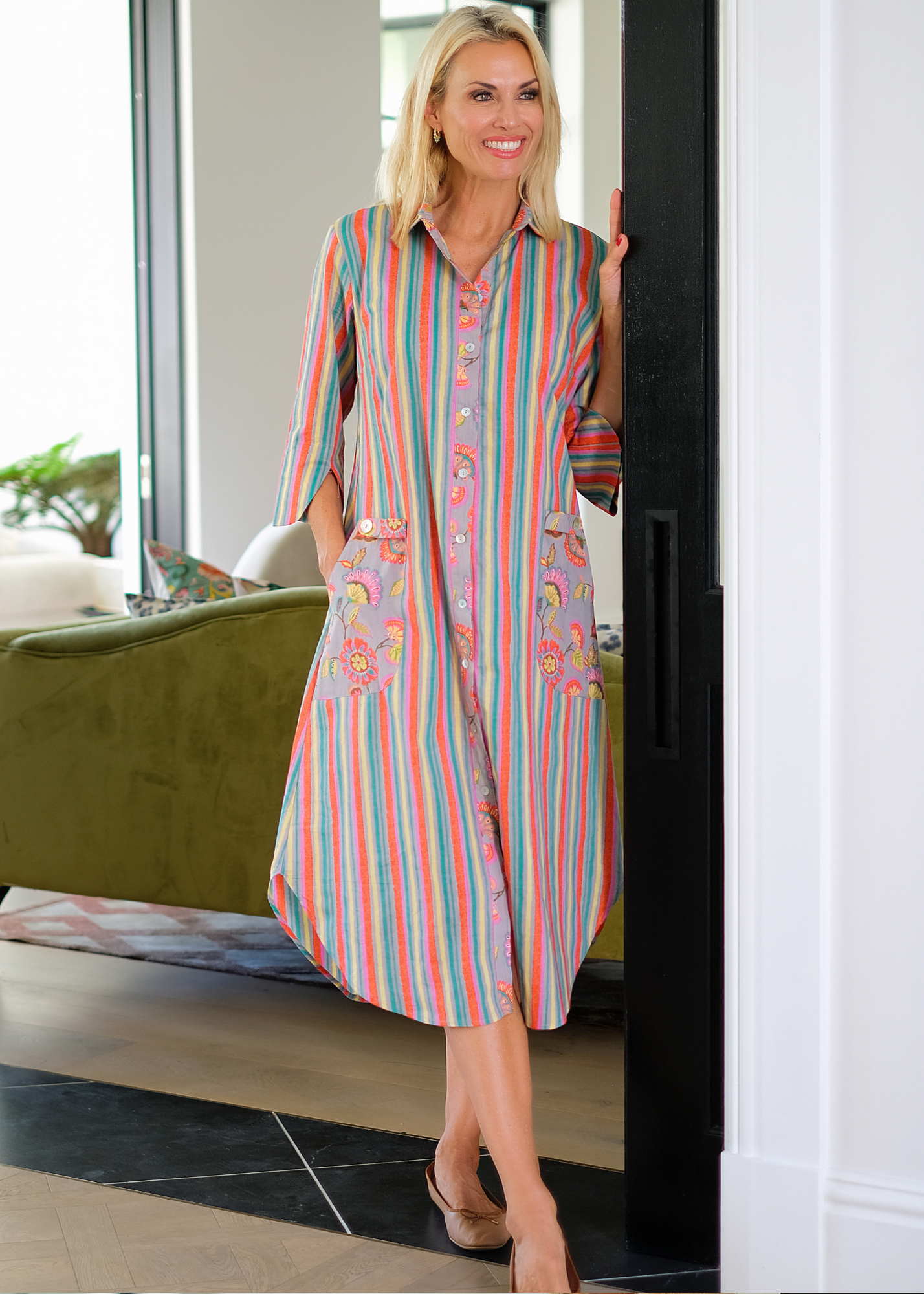 Tinos dress in Coral & grey stripes with floral contrast