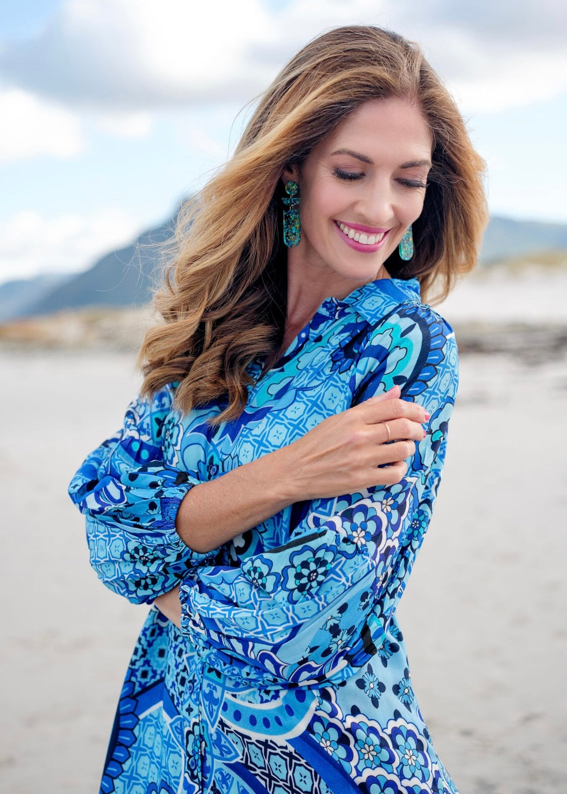 Ruby Raglan Button Down Dress in Blue paisley
