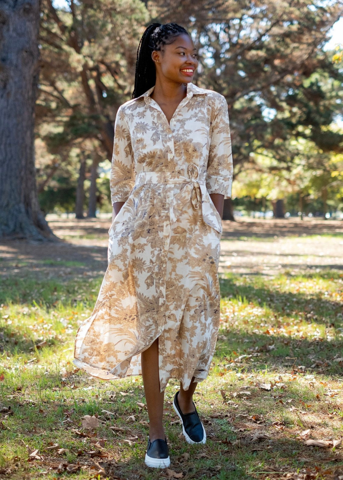 Betty Button dress, Taupe and Black Floral
