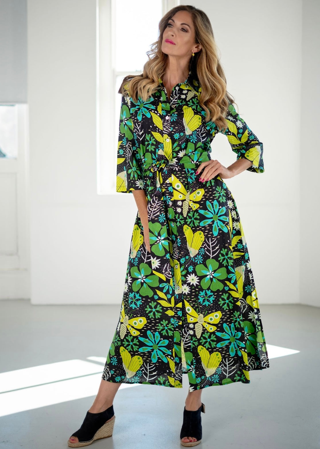 Betty Button dress, Black with Bold Lime