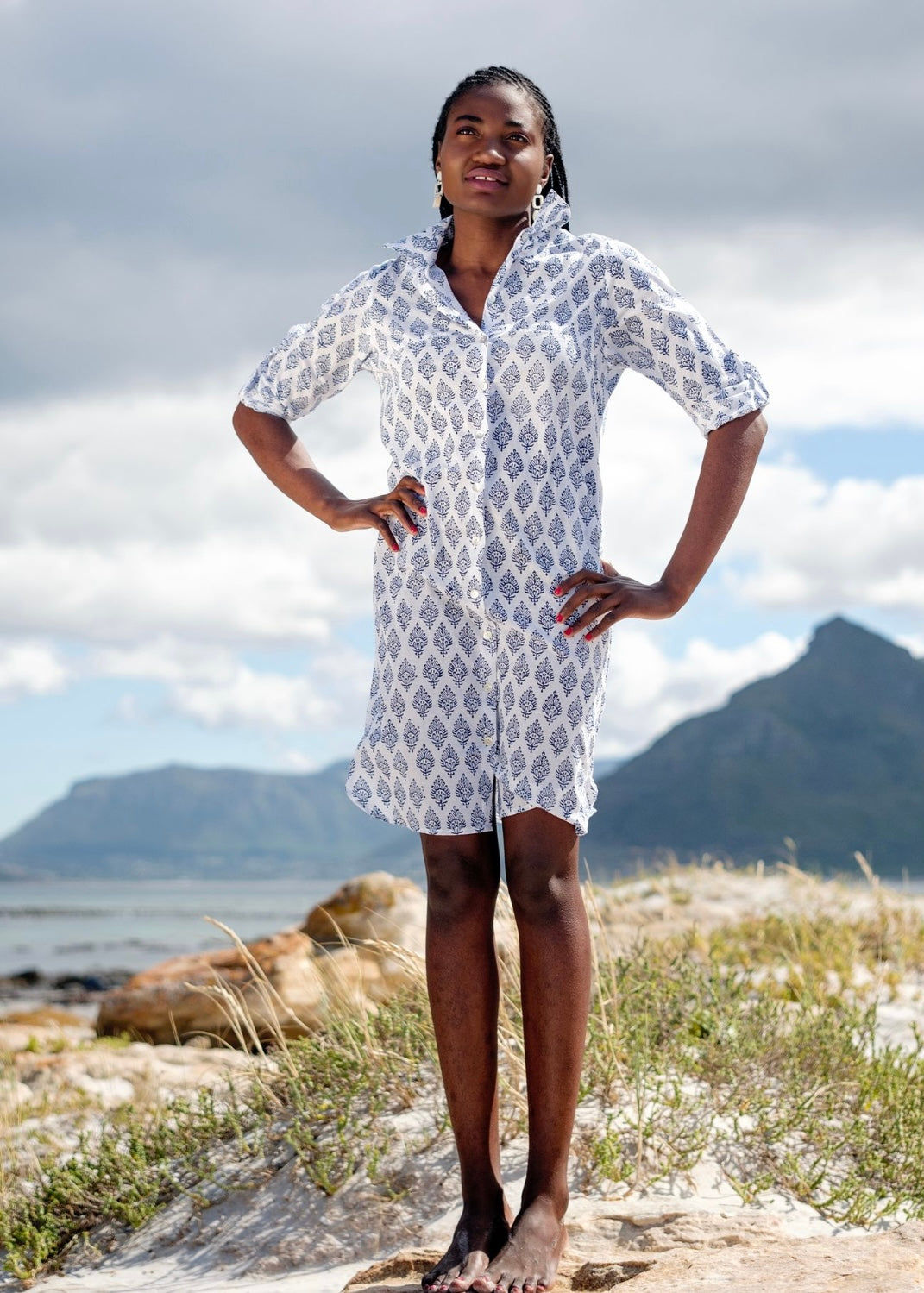 Pia dress, navy and white small pattern
