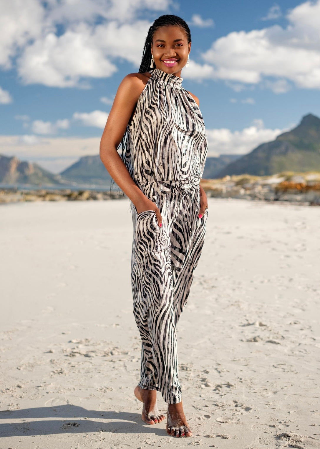 Halterneck jumpsuit, Black with Silver Animal print - wide leg