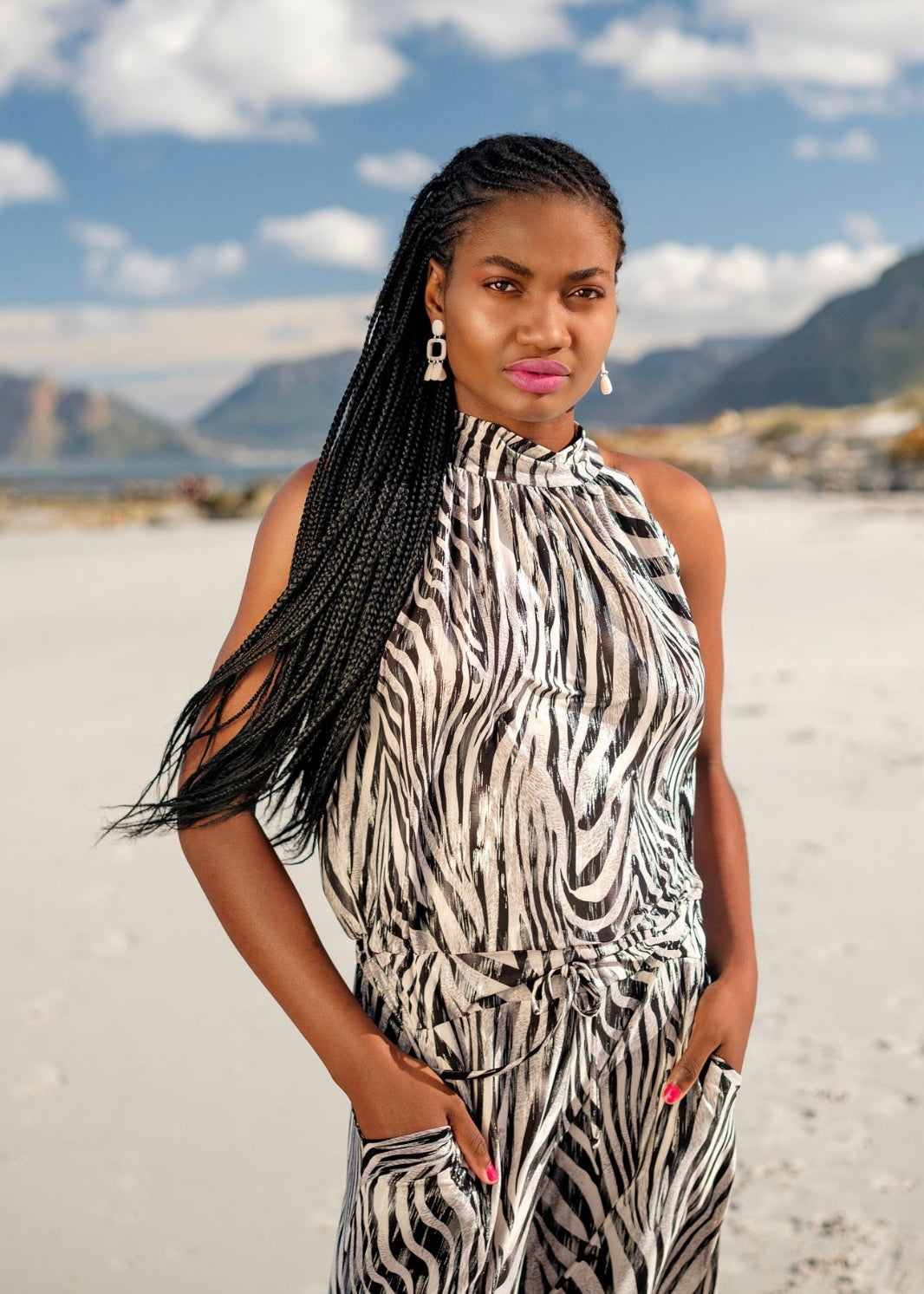 Halterneck jumpsuit, Black with Silver Animal print - wide leg