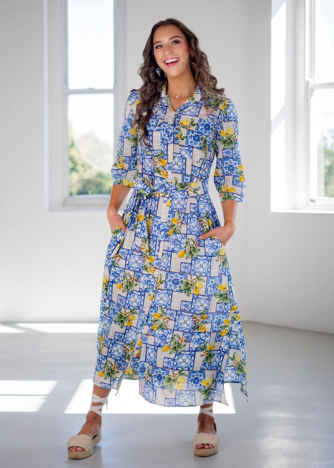 Betty Button dress, White and Blue with Lemons – Iconic Designs Shop