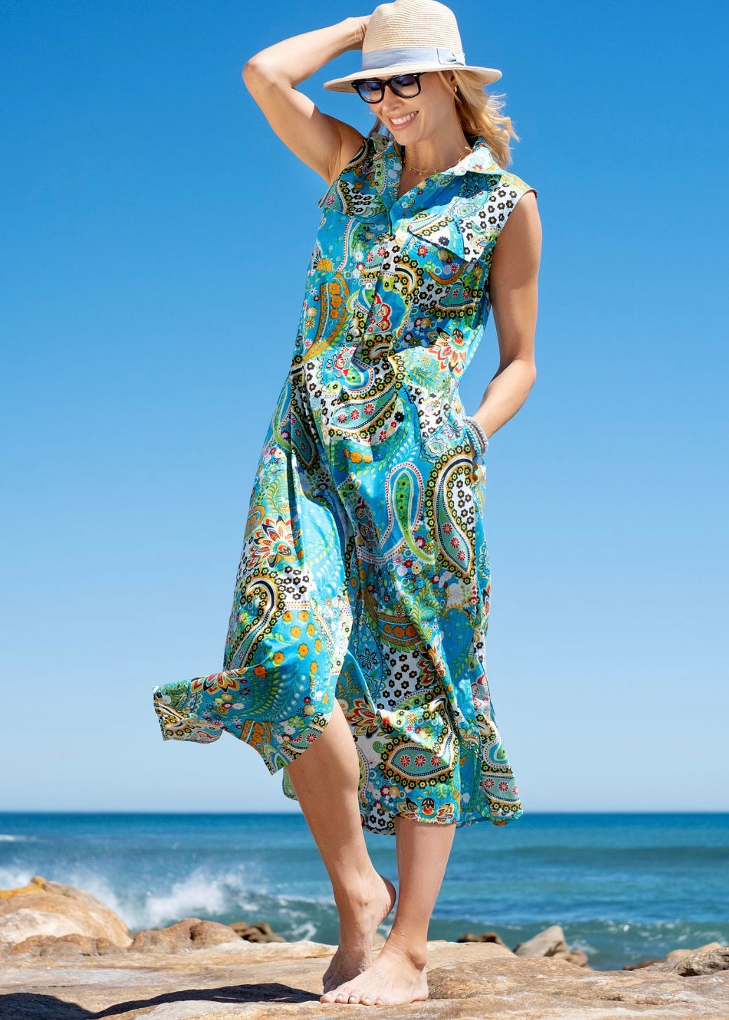 Claudia dress, Turquoise bold paisley