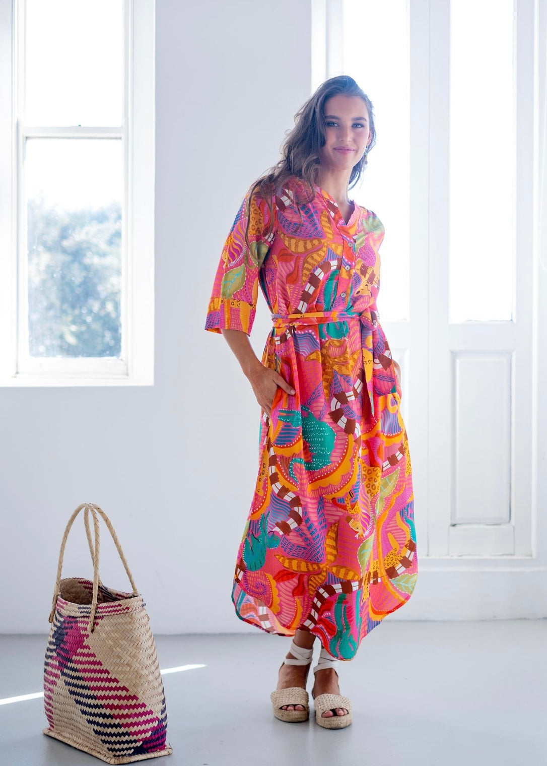Fergie Cuffed Sleeve Dress, Pink Jungle