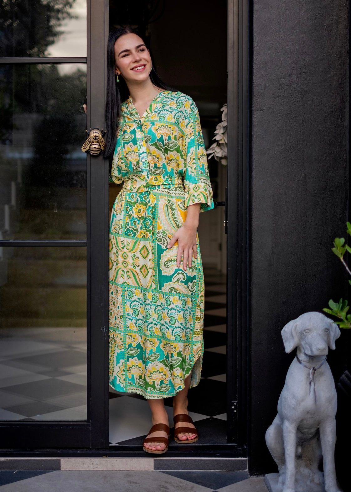 Fergie Cuffed Sleeve Dress, Green and Yellow Paisley