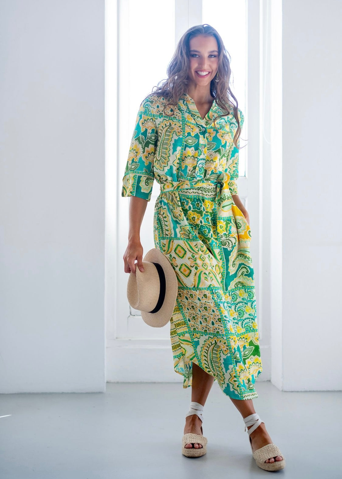 Fergie Cuffed Sleeve Dress, Green and Yellow Paisley