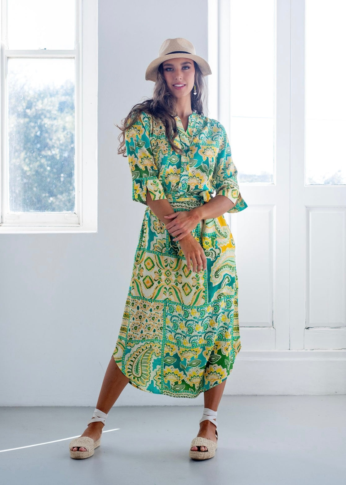 Fergie Cuffed Sleeve Dress, Green and Yellow Paisley