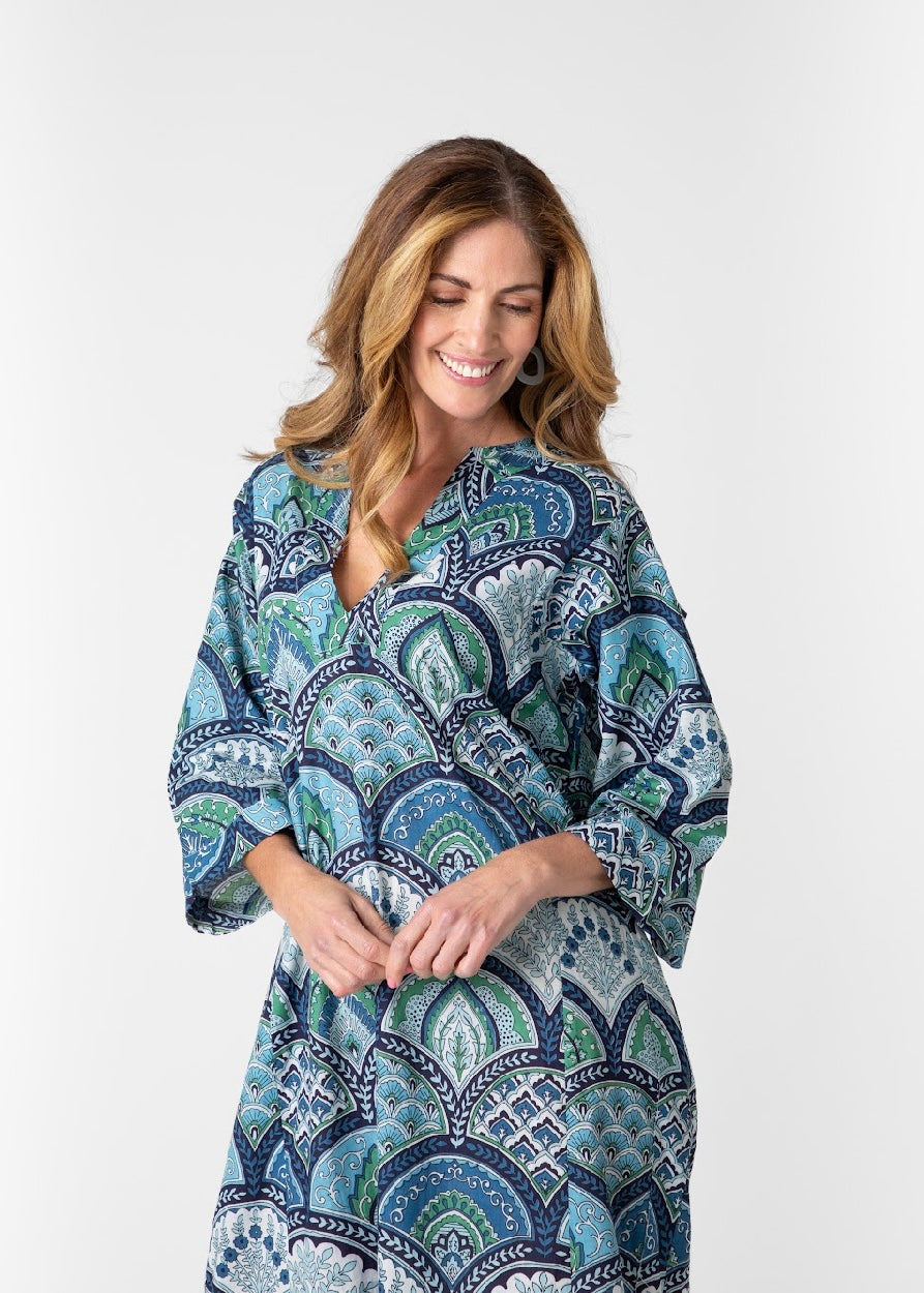 Tunic dress in Blue & green floral shell