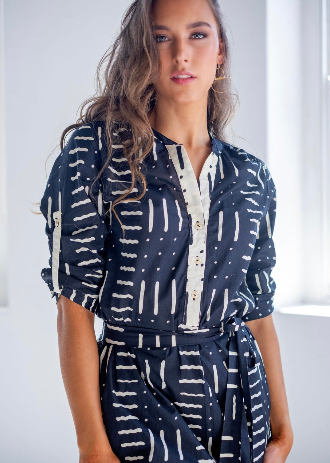 Mandarin Collar Dress in Black & cream ethnic