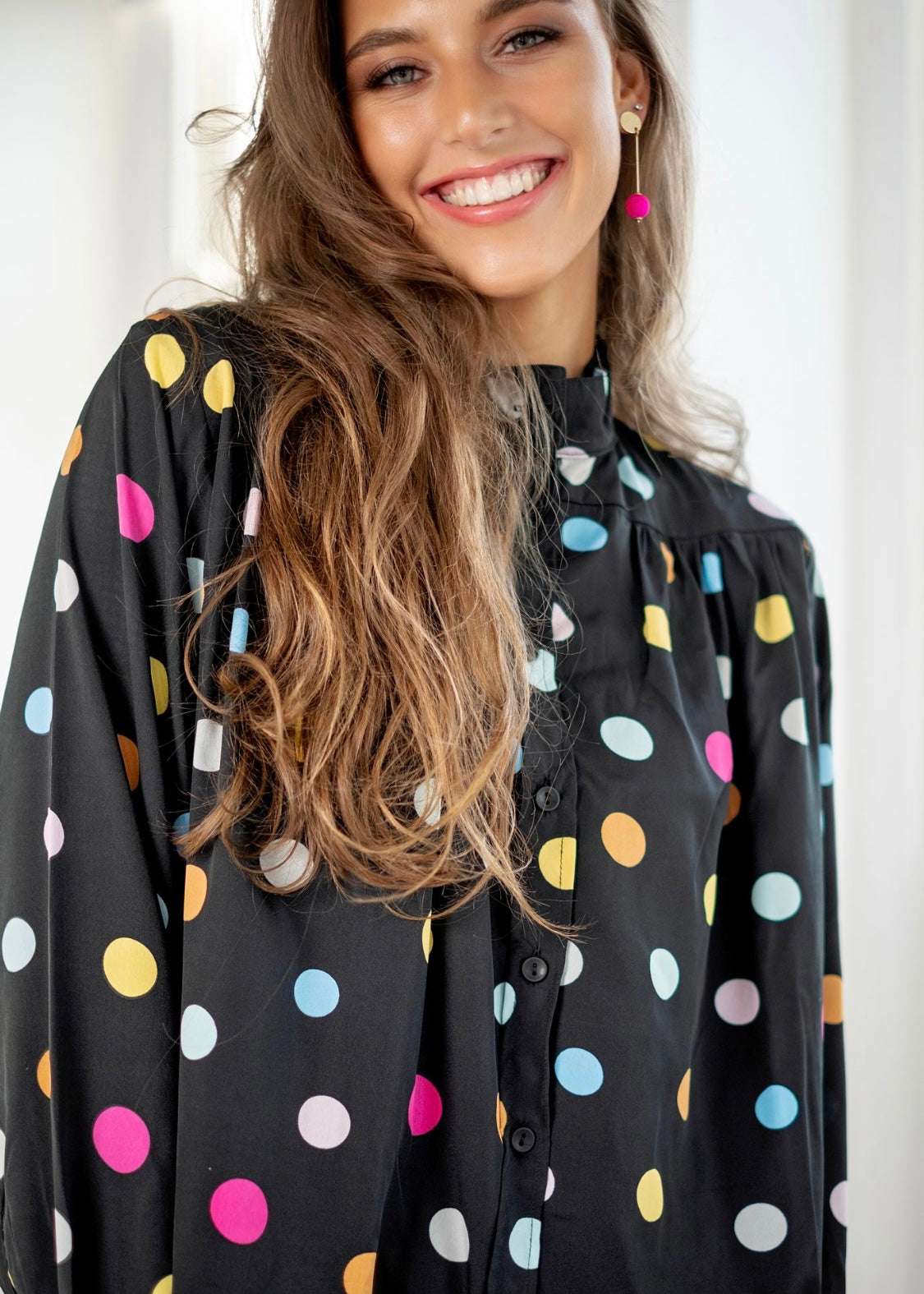 High Collar Blouse, Colourful polkadot