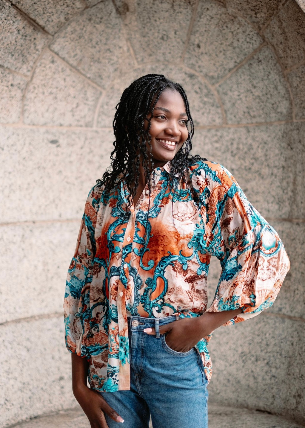 Raglan button down blouse in Coral & turquoise