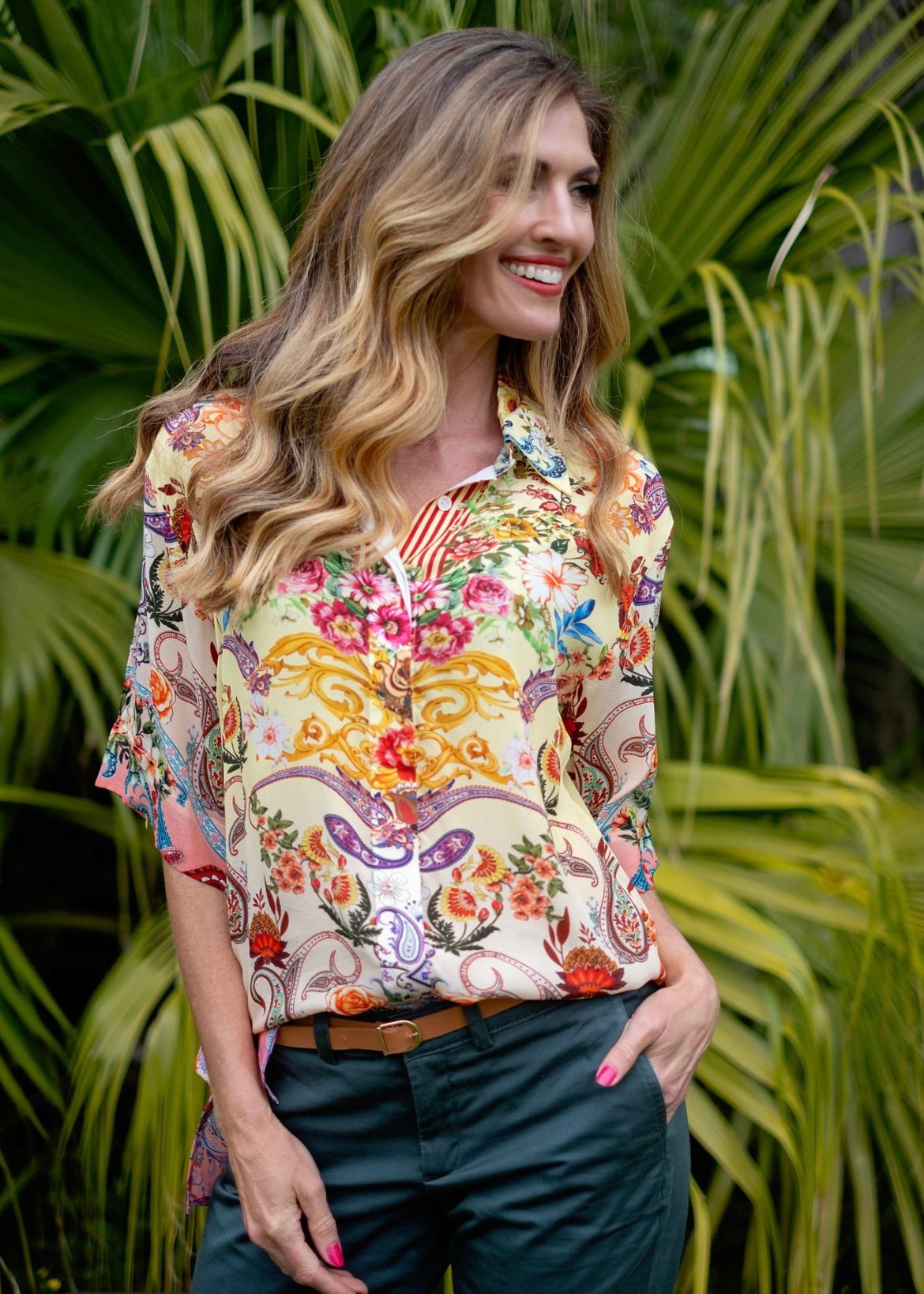 Molly Button down blouse Yellow Flower Paisley