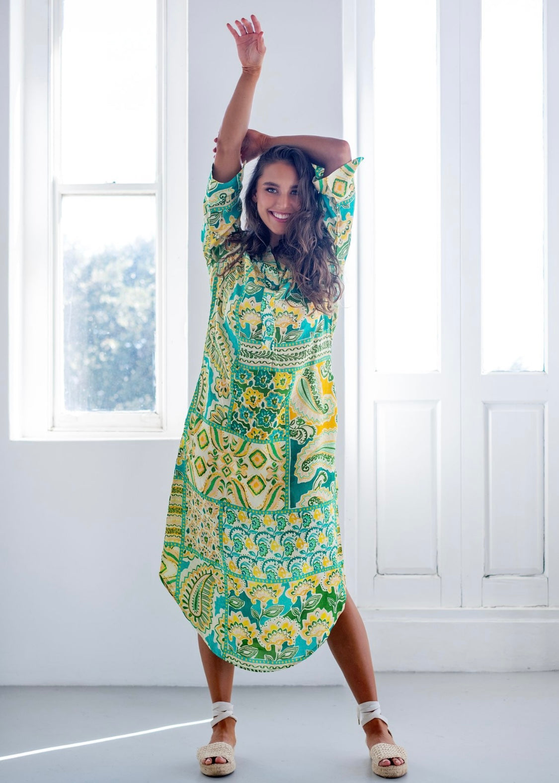 Fergie Cuffed Sleeve Dress, Green and Yellow Paisley