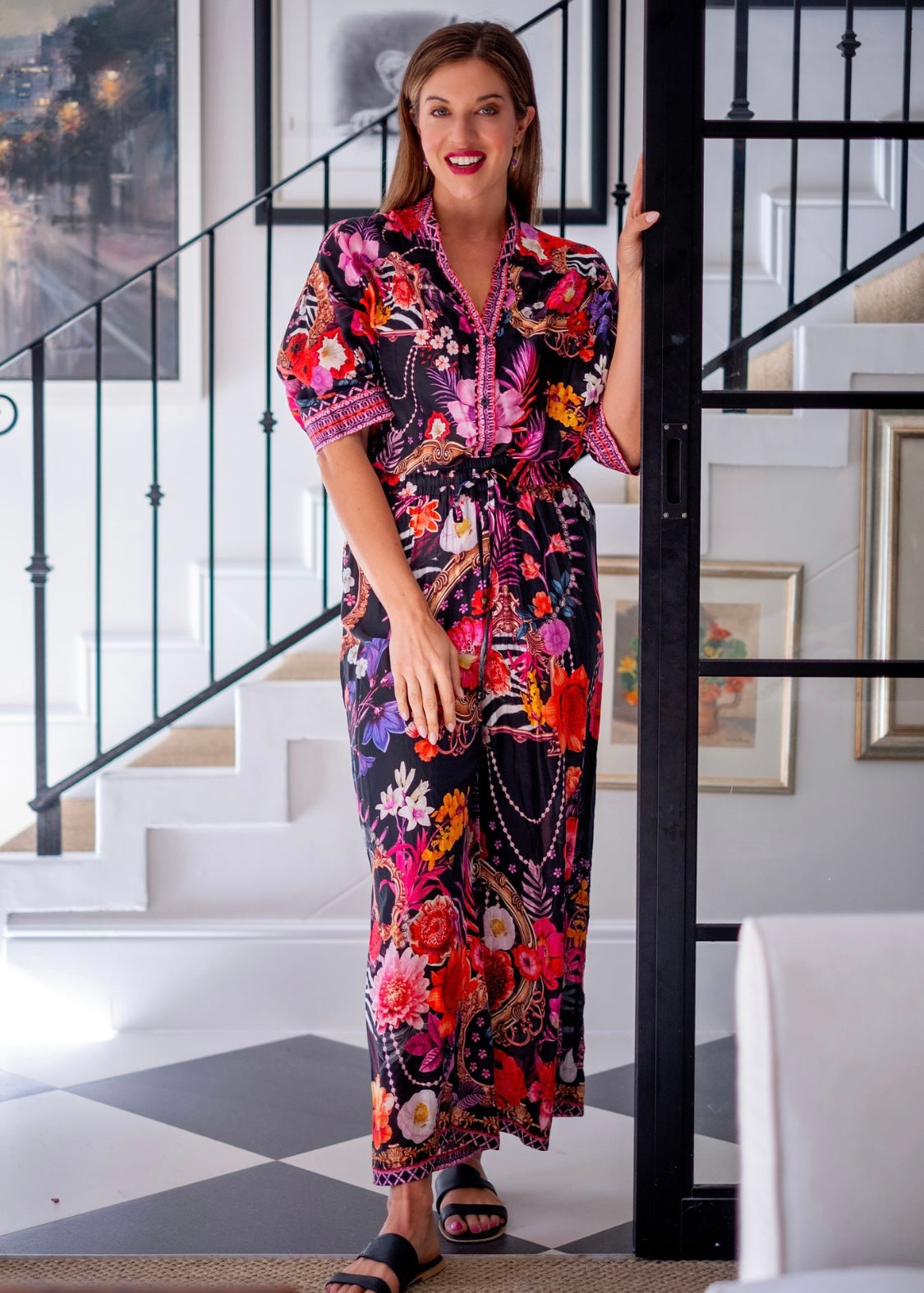 Vera Pants suit, Black and Pink Floral