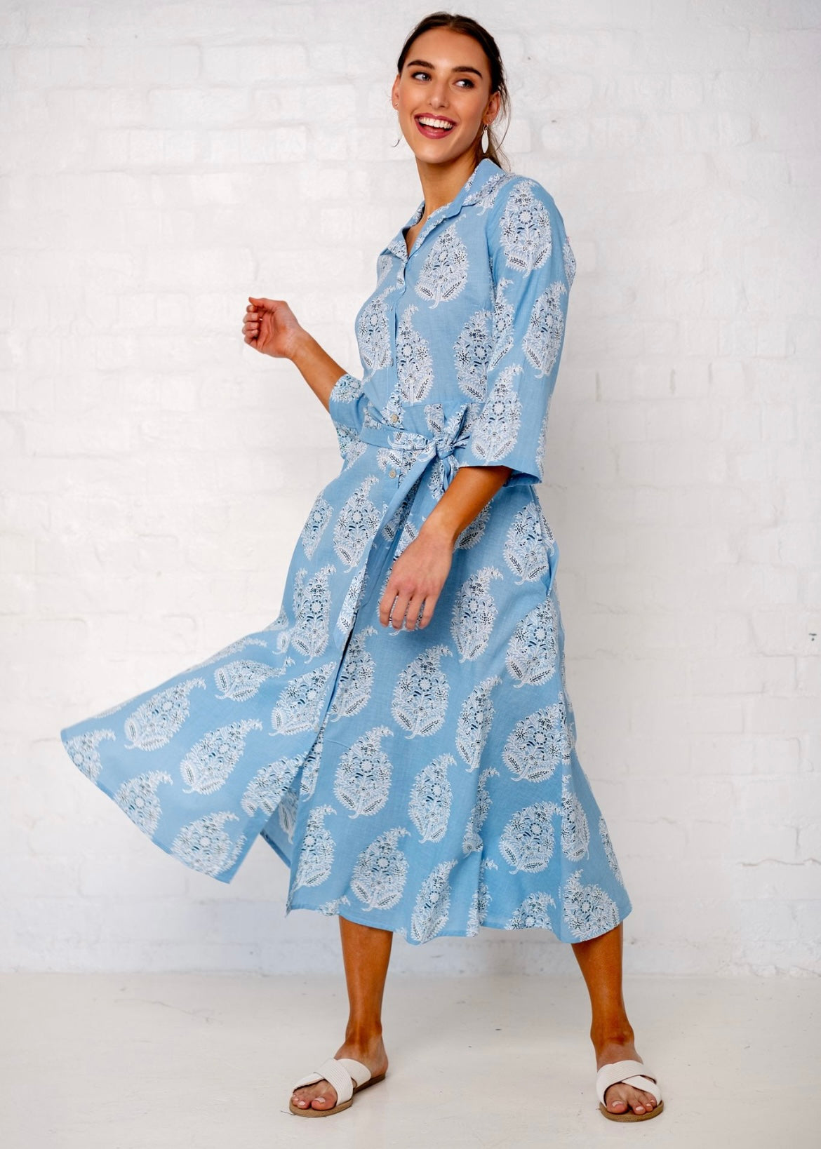 J-Lo Dress, Dove Blue Paisley Leaf