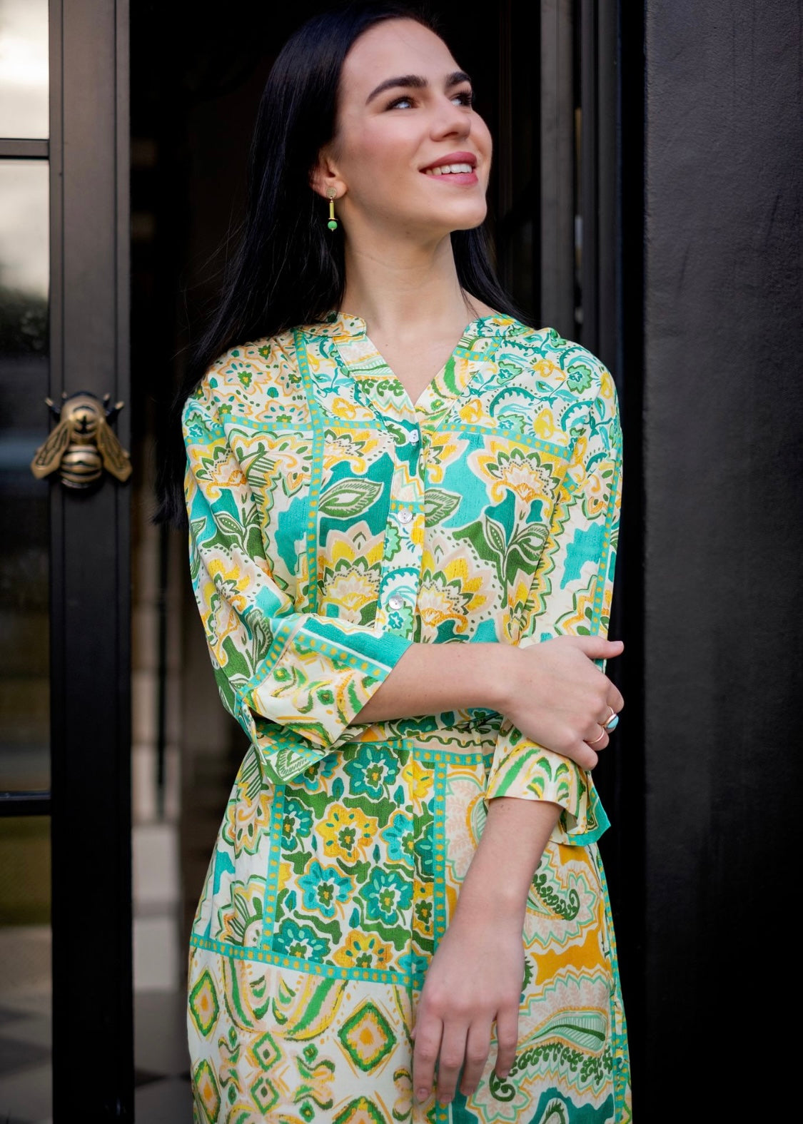 Fergie Cuffed Sleeve Dress, Green and Yellow Paisley