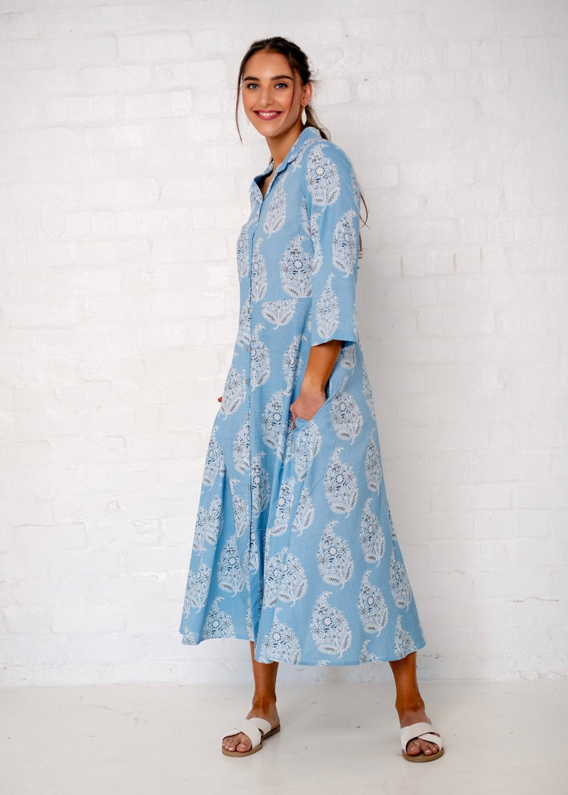 J-Lo Dress, Dove Blue Paisley Leaf