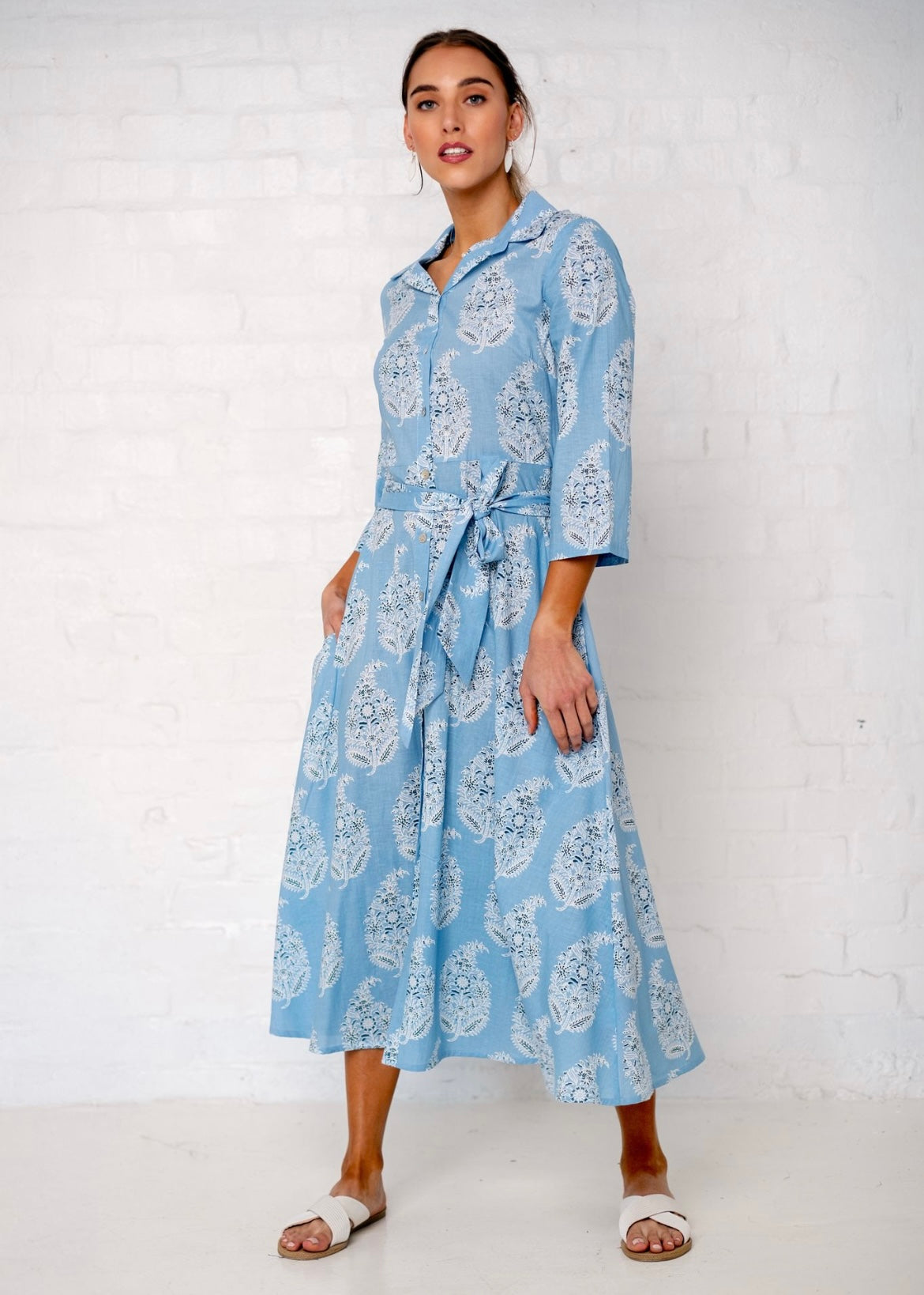 J-Lo Dress, Dove Blue Paisley Leaf