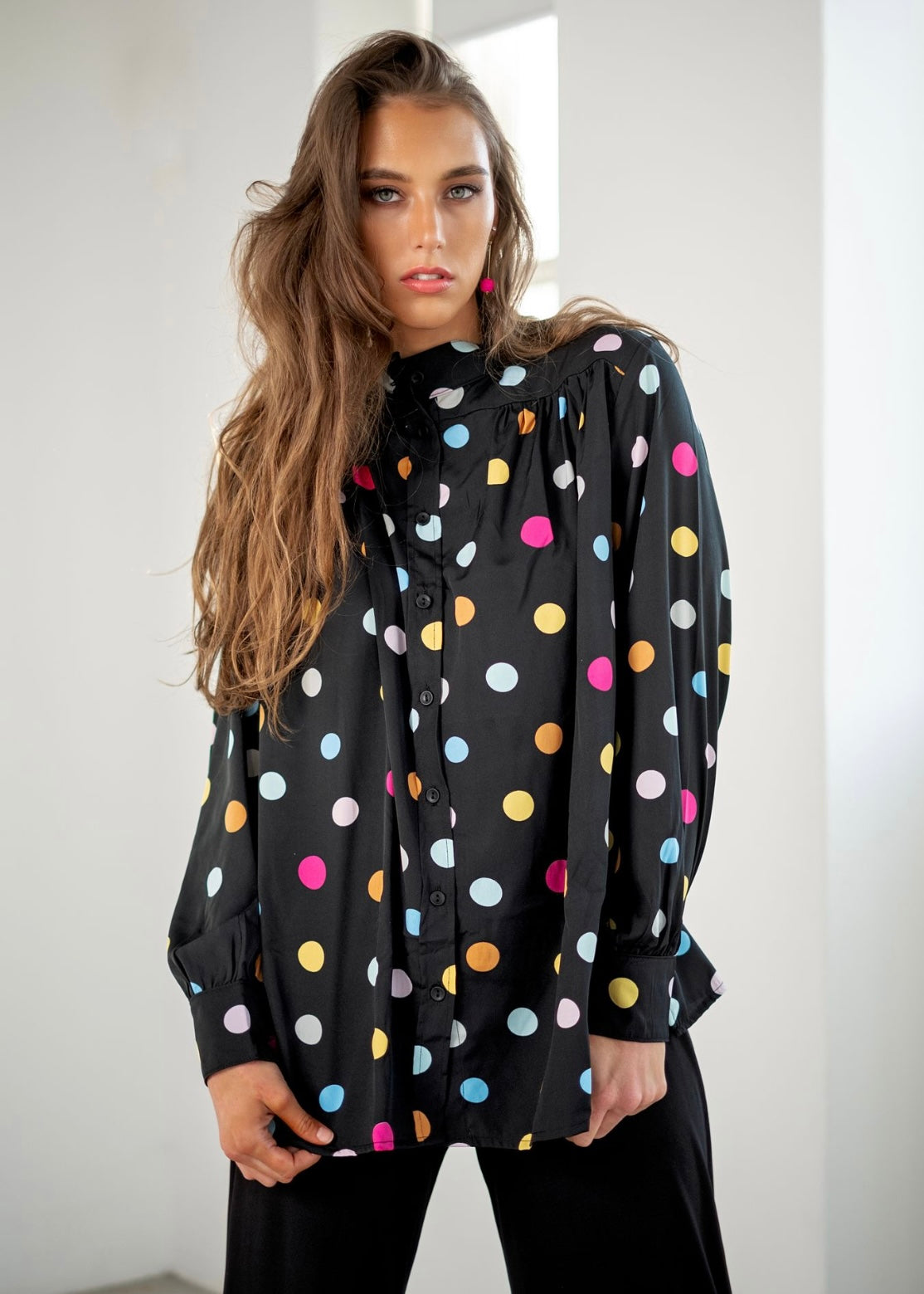 High Collar Blouse, Colourful polkadot