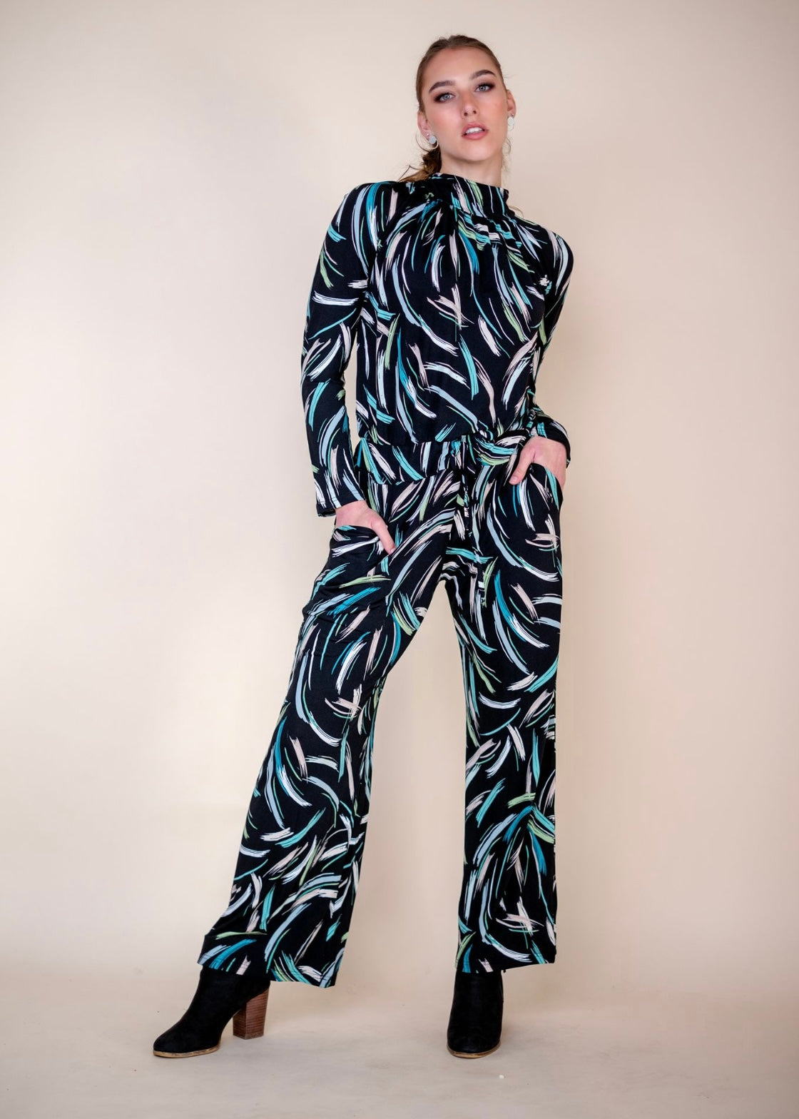 Halterneck winter jumpsuit, Black & green splash
