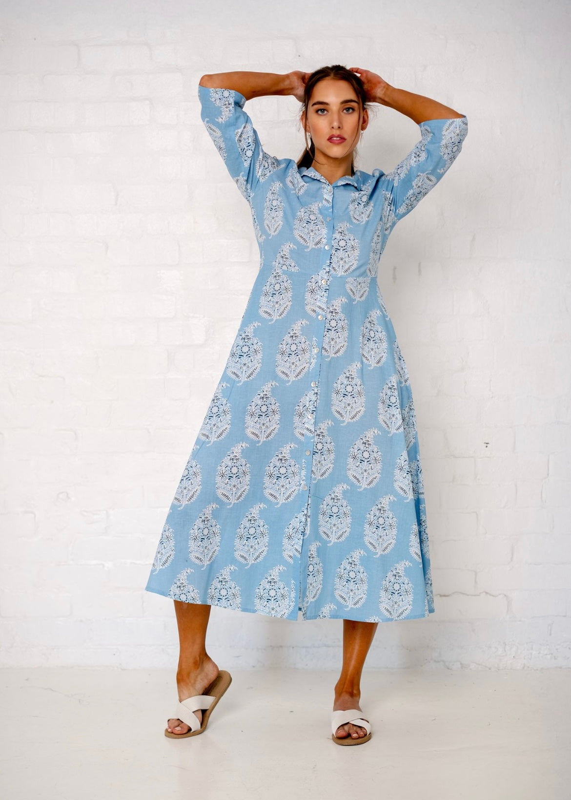 J-Lo Dress, Dove Blue Paisley Leaf