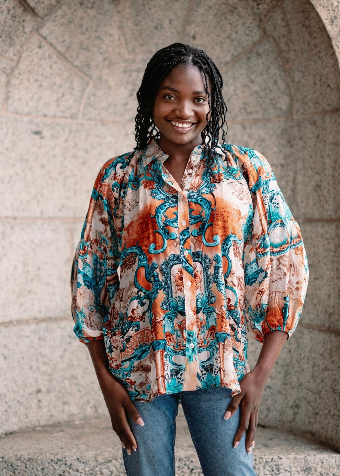 Raglan button down blouse in Coral & turquoise