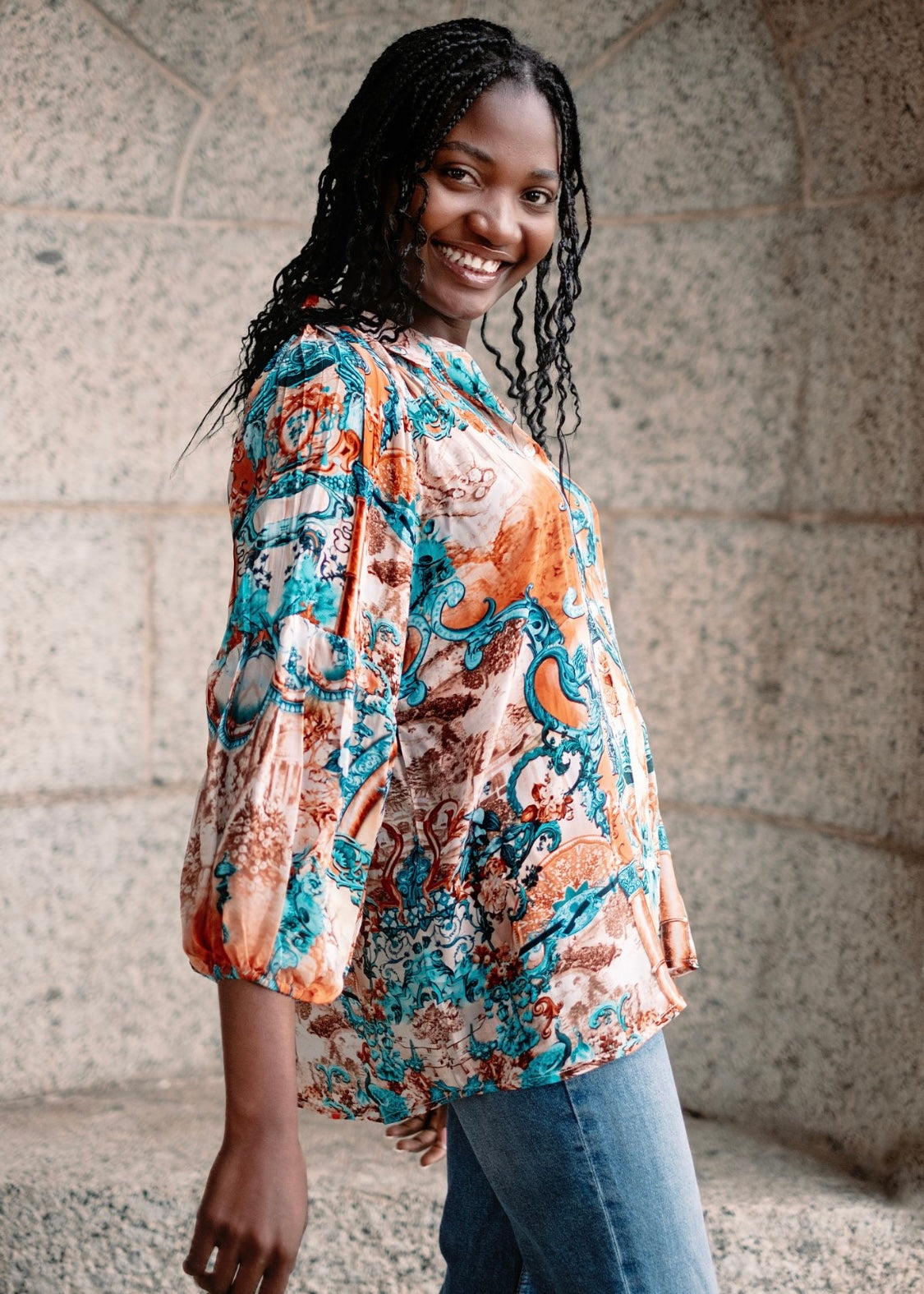 Raglan button down blouse in Coral & turquoise