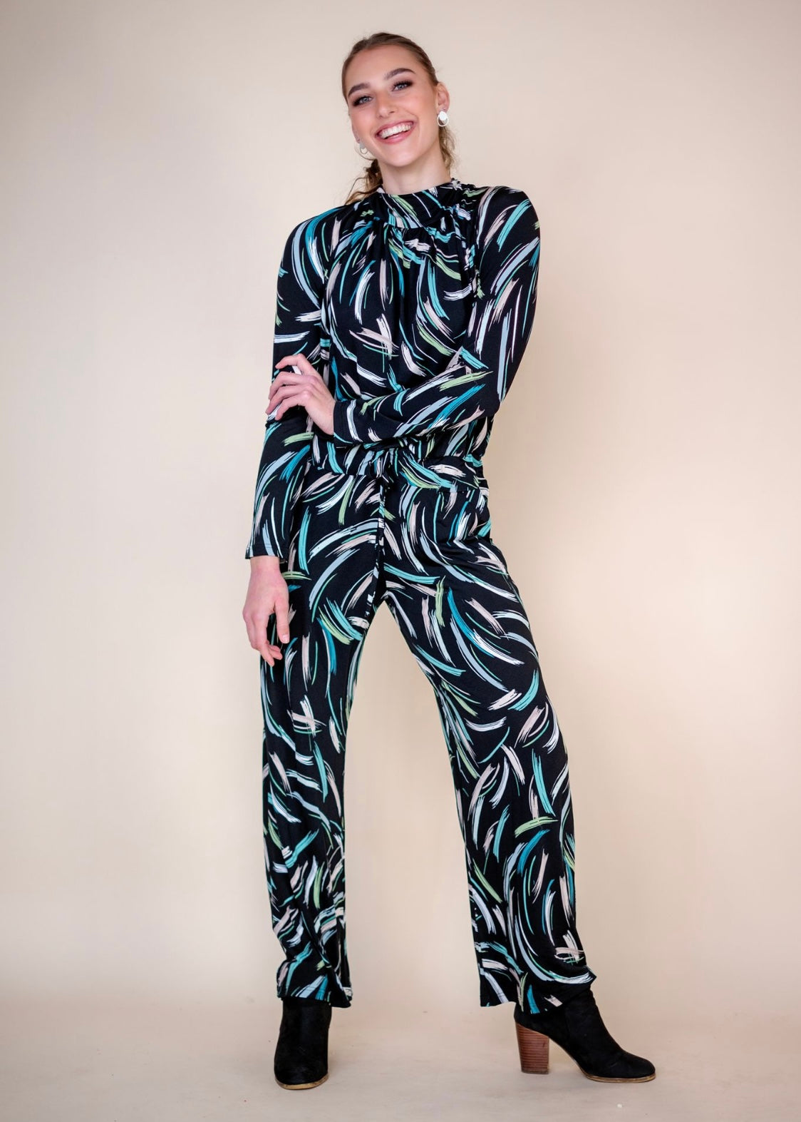 Halterneck winter jumpsuit, Black & green splash
