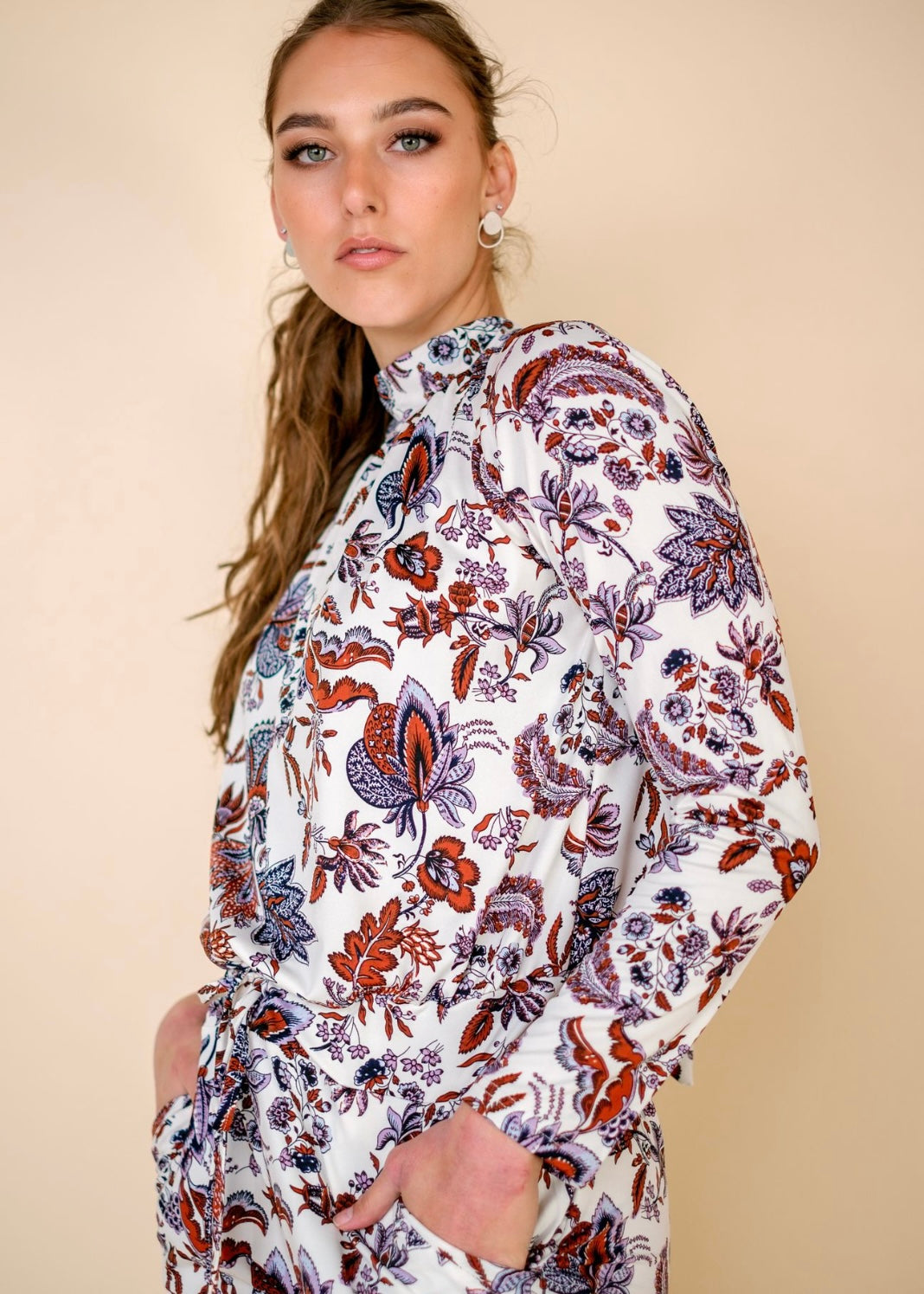 Halter neck winter jumpsuit, White with dark red flowers