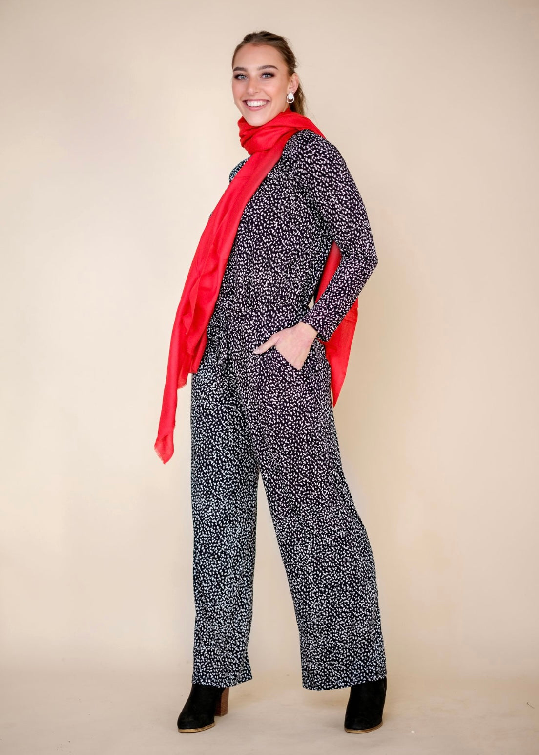 Halter neck winter jumpsuit, Black & white spots