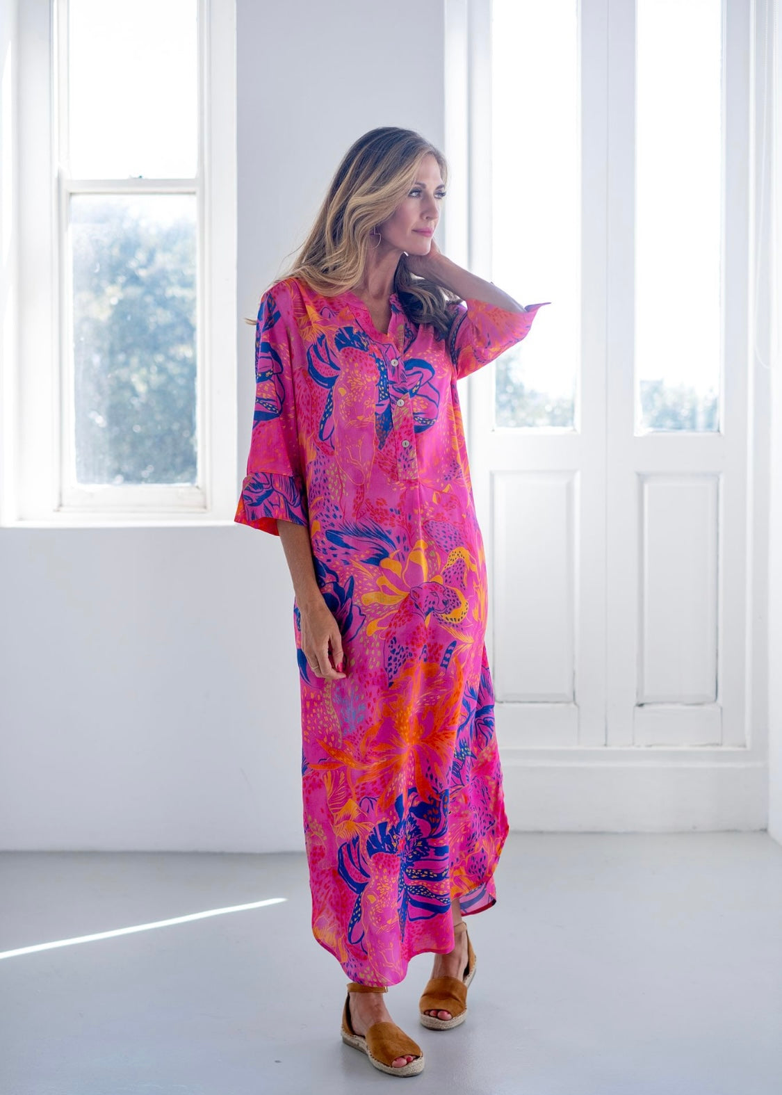 Fergie Cuffed Sleeve Dress, Pink and Blue Leopard