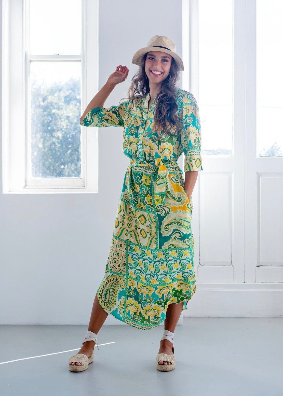 Fergie Cuffed Sleeve Dress, Green and Yellow Paisley