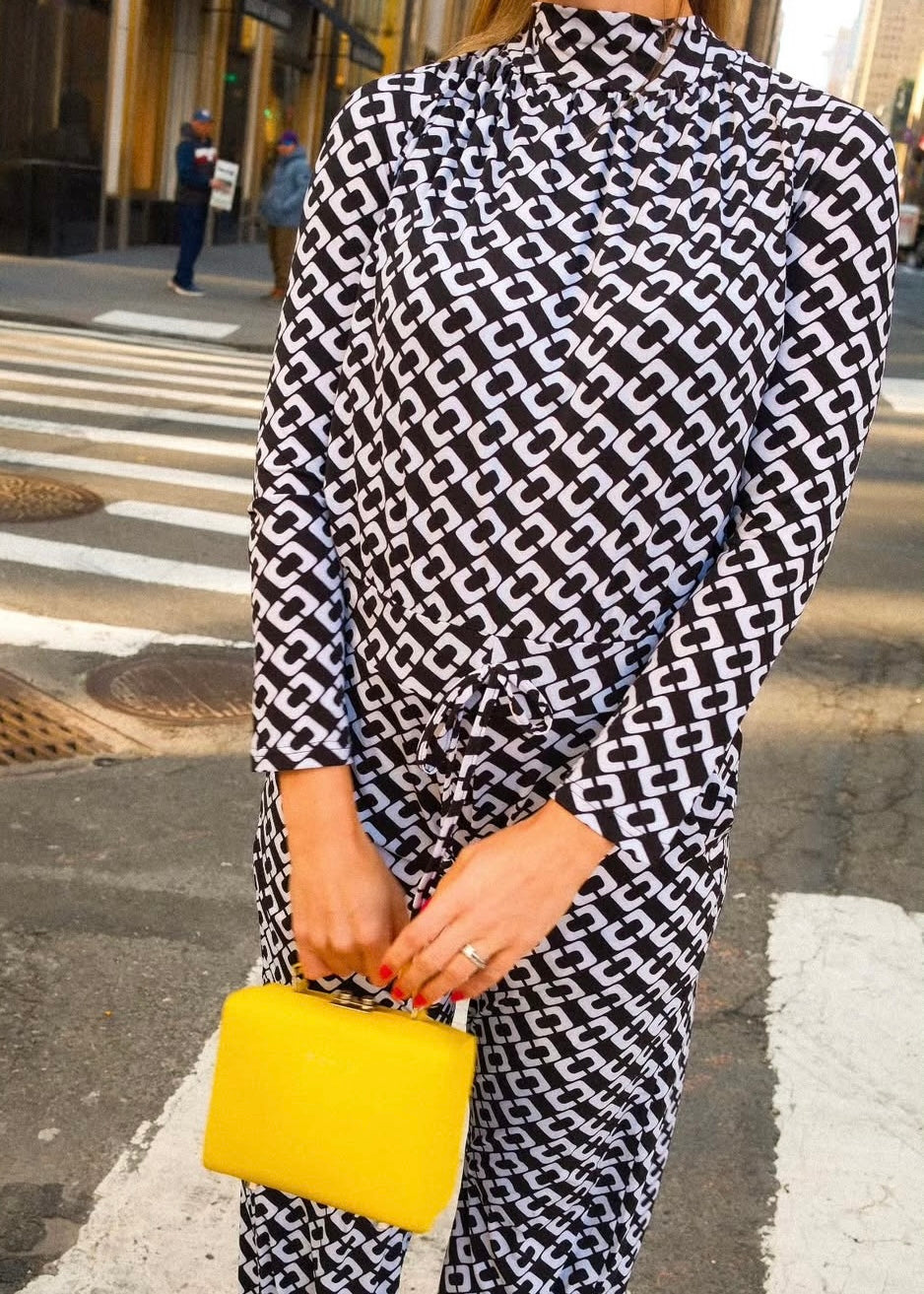 Halterneck Long Sleeve jumpsuit, Black and White Print Wide Leg