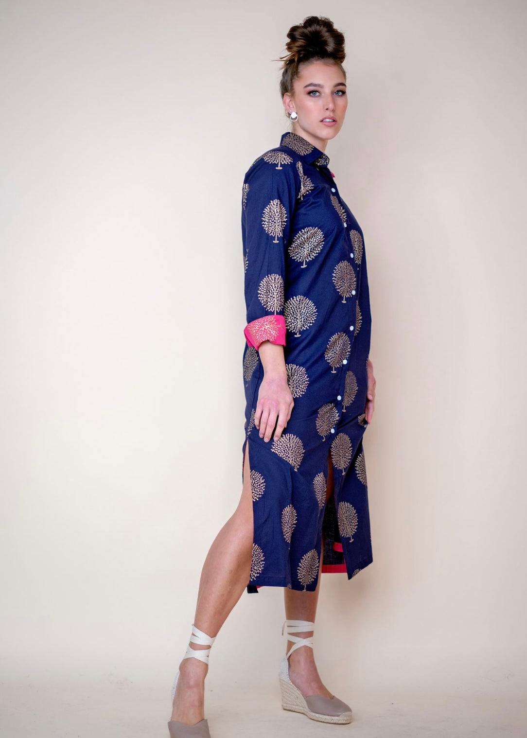 Emma dress in Navy with Gold Trees and Pink contrast