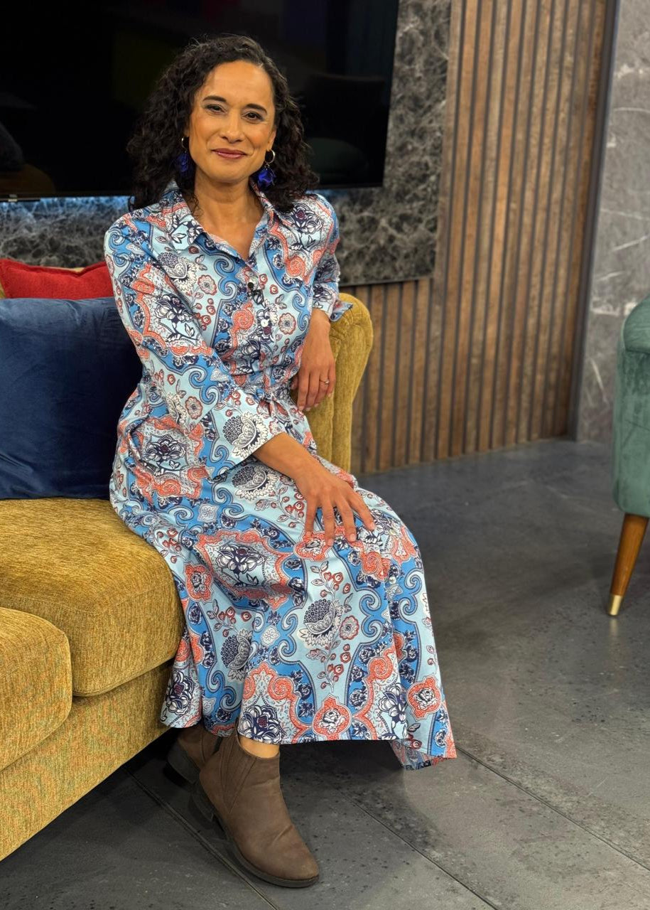 J-LO Dress, Blues with orange paisley