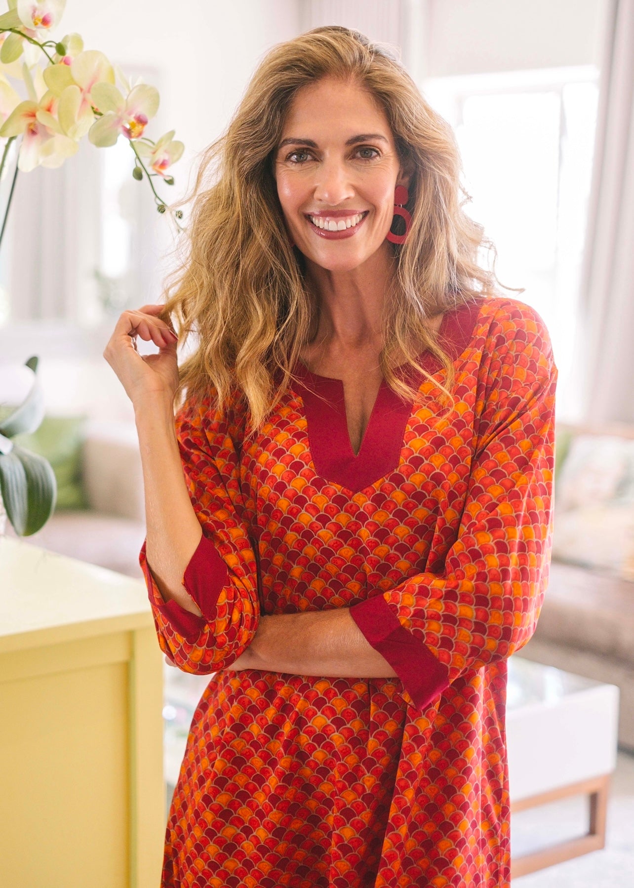 Tunic dress in Orange & rust with contrast