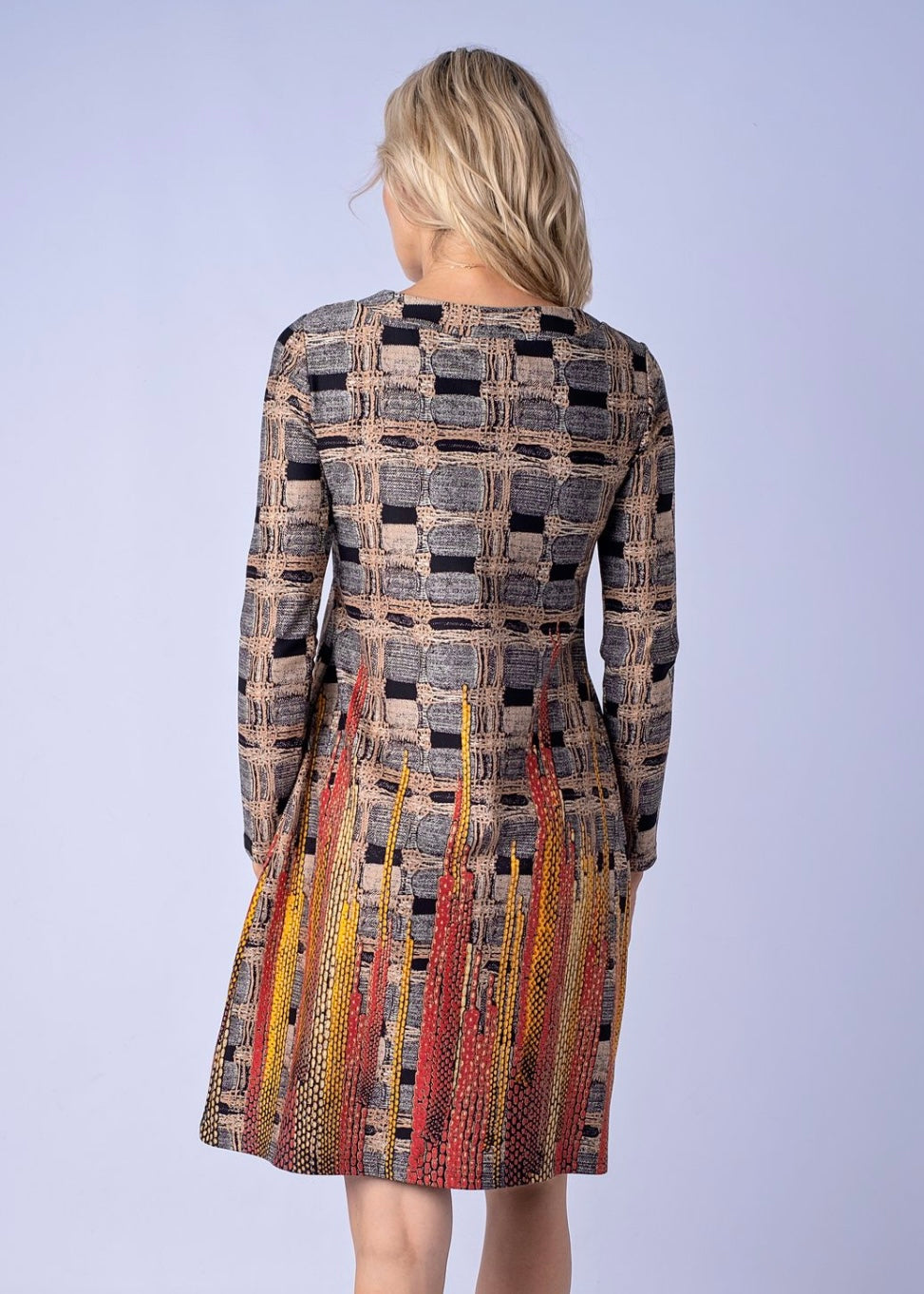 Deep V dress with inset , Brown and Ocre scuba