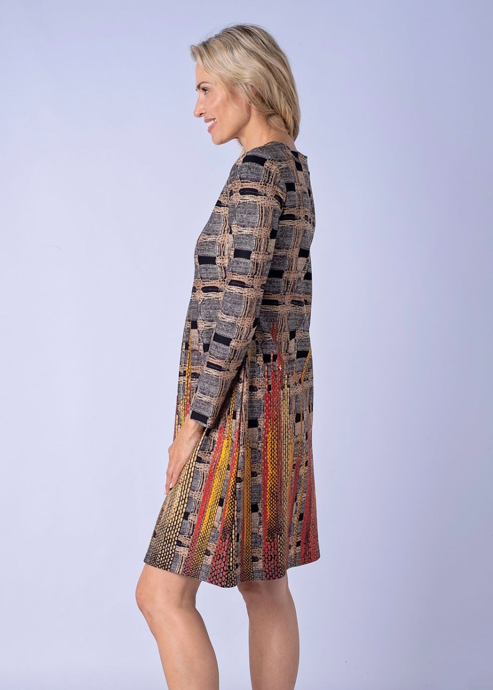 Deep V dress with inset , Brown and Ocre scuba