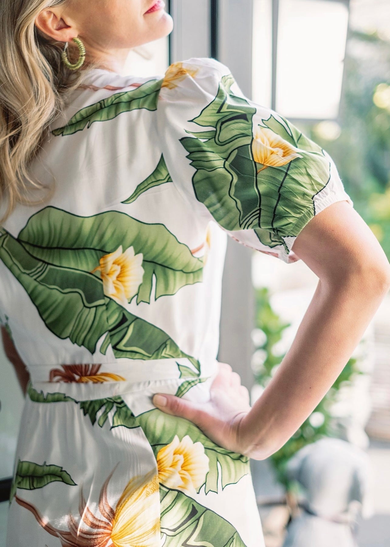 Wrap dress ,Rayon,Green and white leaves