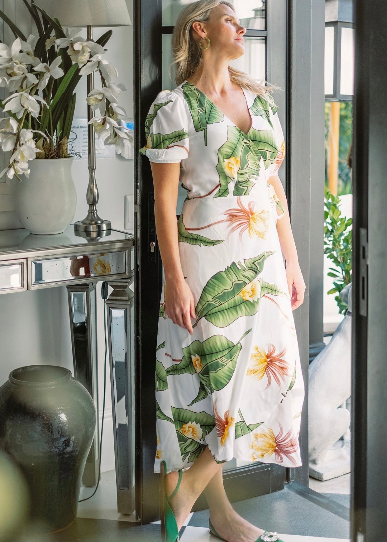 Wrap dress ,Rayon,Green and white leaves