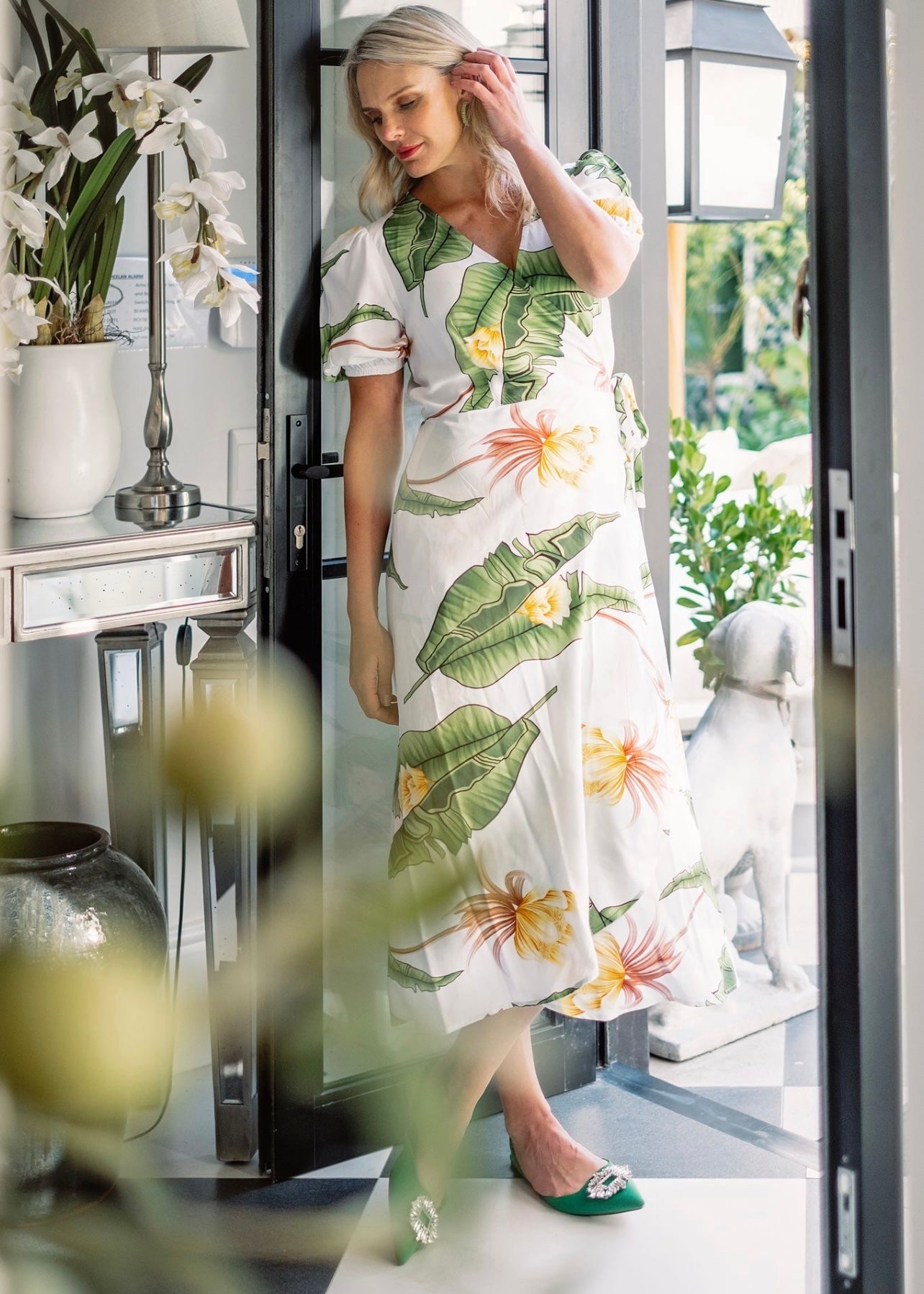 Wrap dress ,Rayon,Green and white leaves