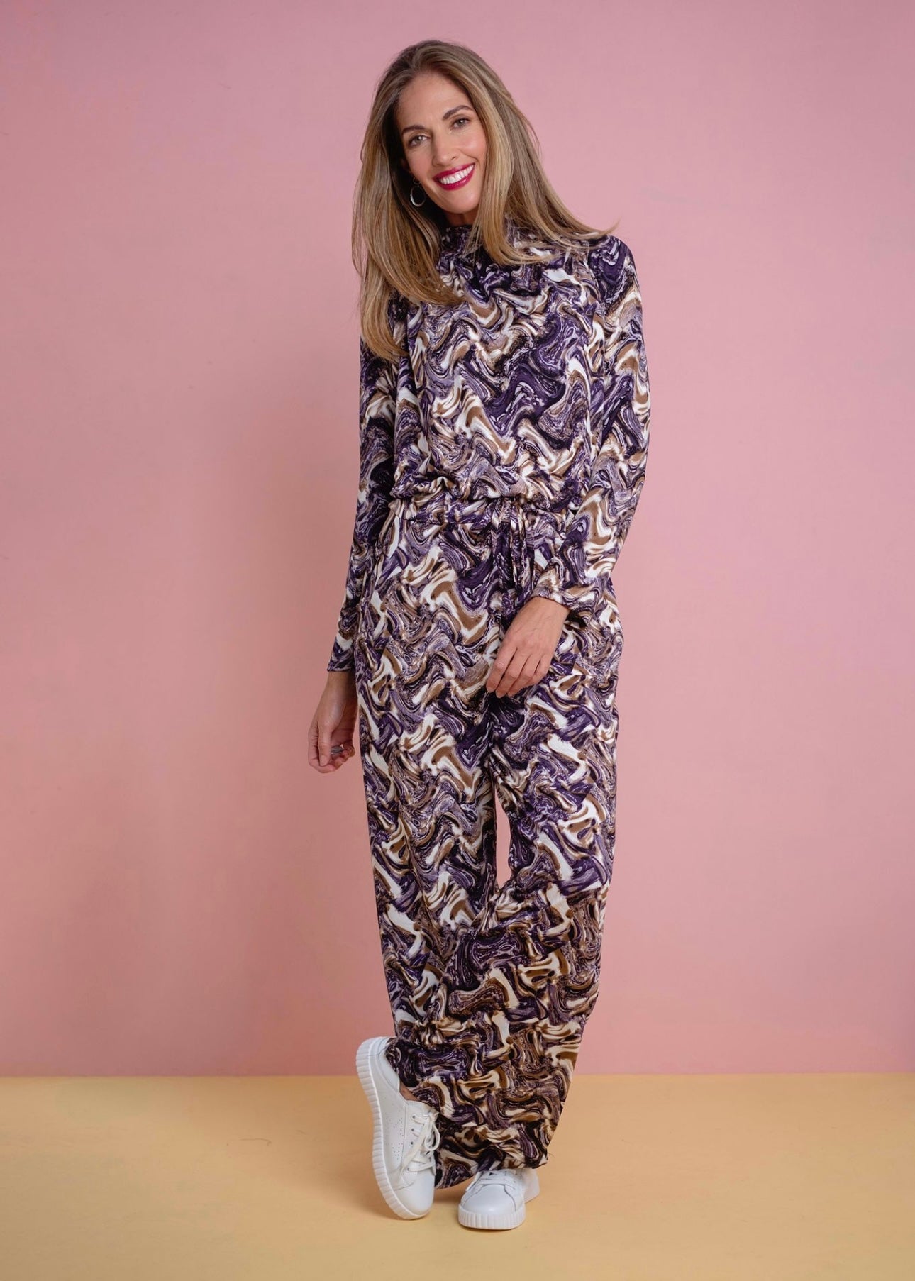 Halterneck winter jumpsuit , purple twirl print