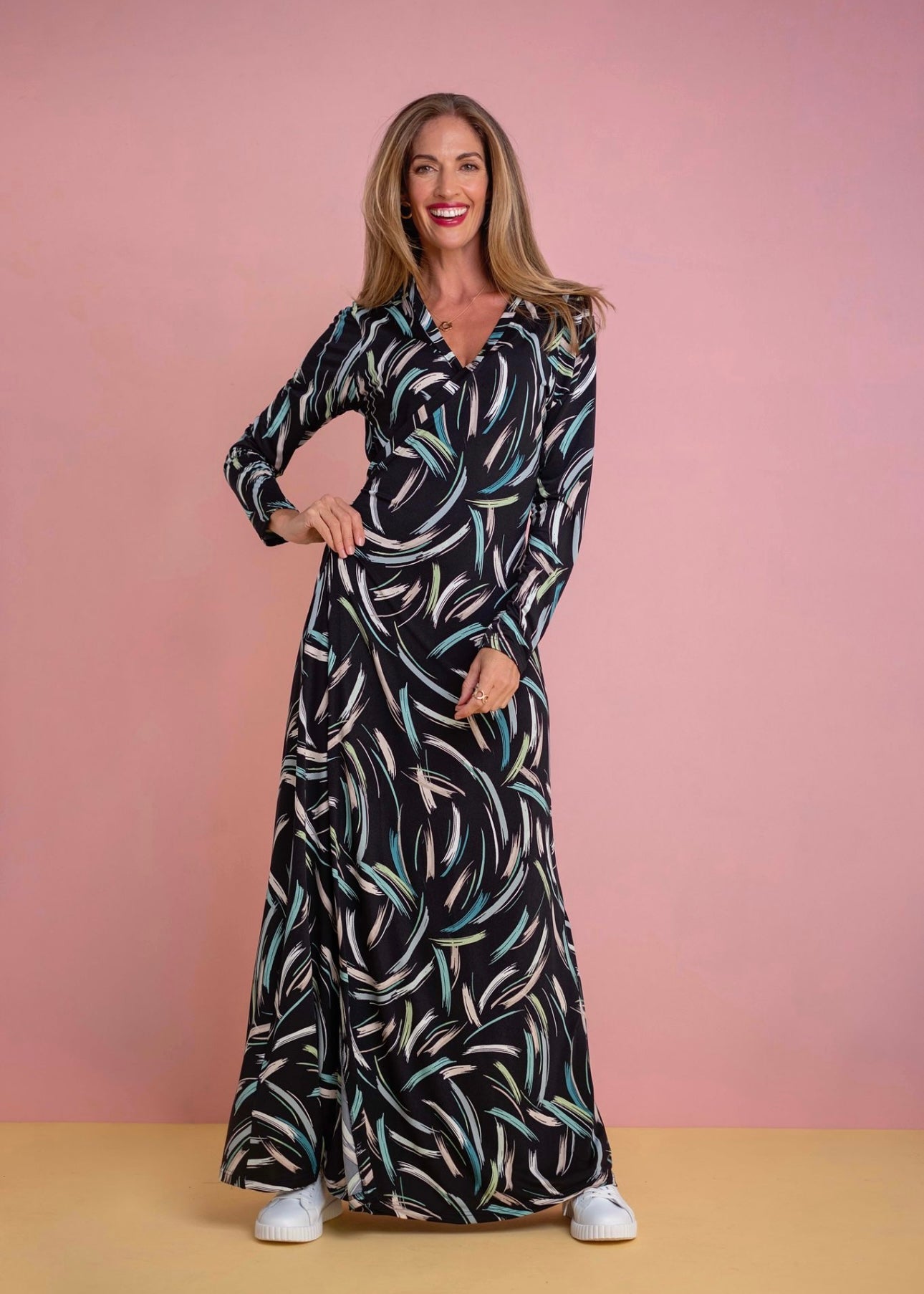 Long wrap dress, Black & green strokes