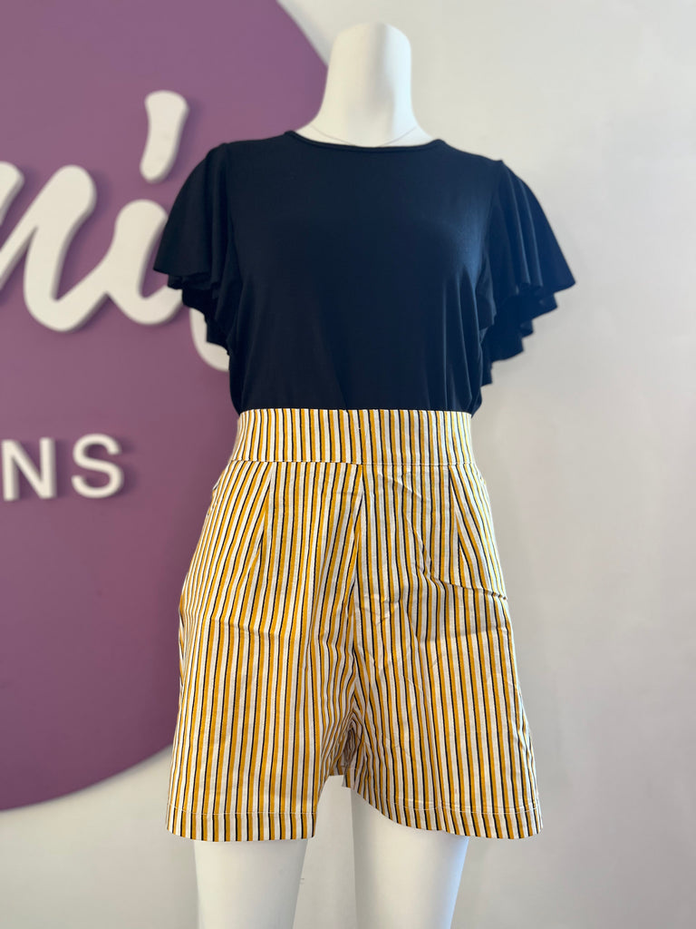 Bella shorts, Black, white & yellow pin stripes