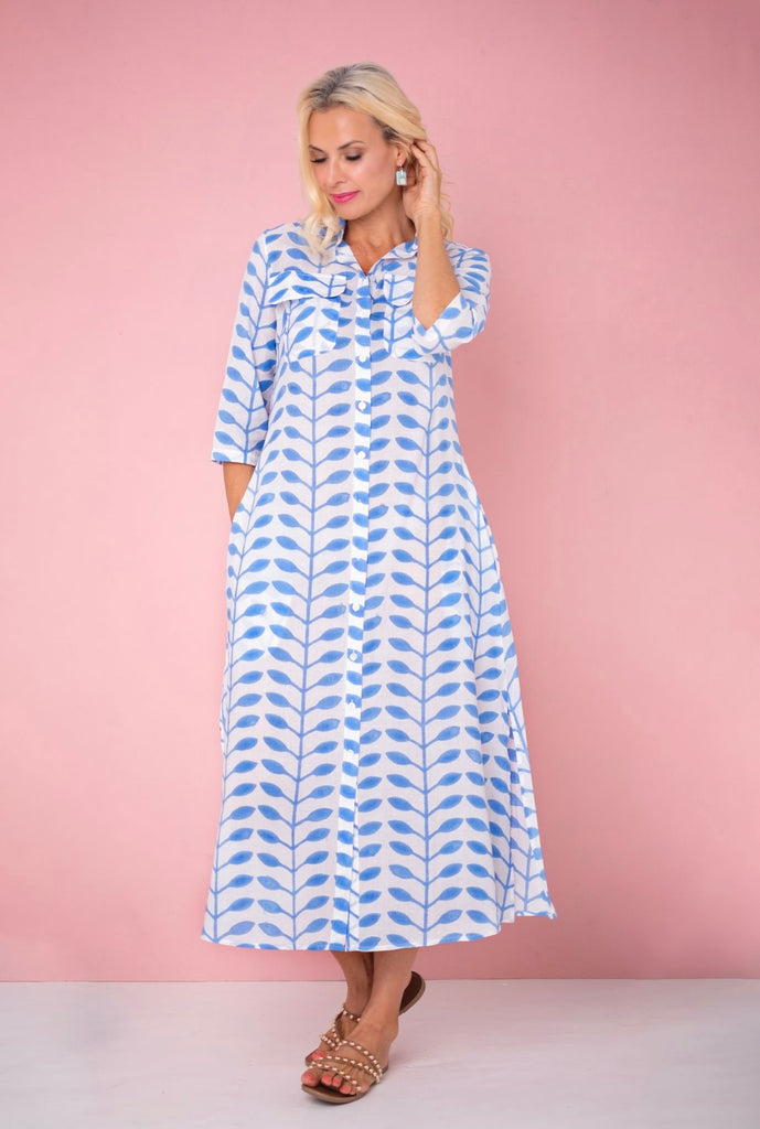 Betty Button dress in Light blue leaves
