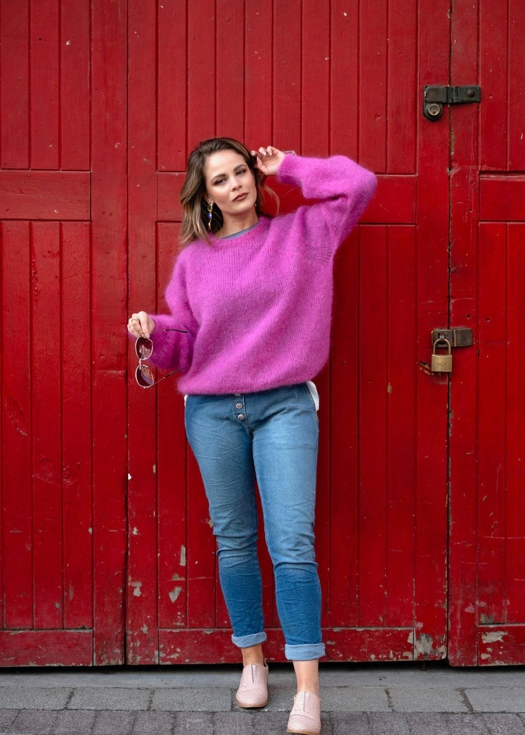 Classic Round Neck Mohair Sweater in Pink