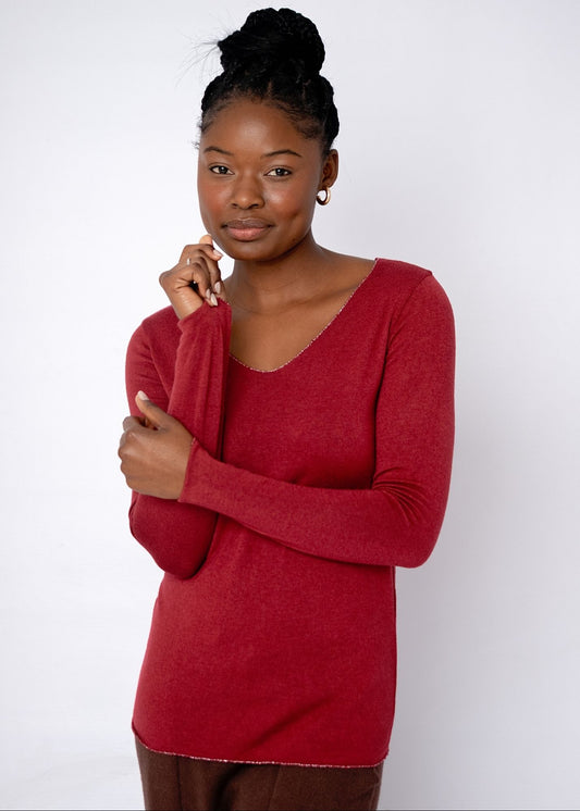 Silver Lining V-Neck Winter Weight Knit Jumper in Maroon