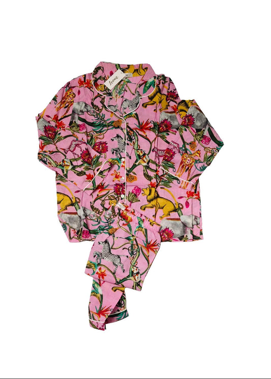 Long PJ Set in Pink Elephant Safari